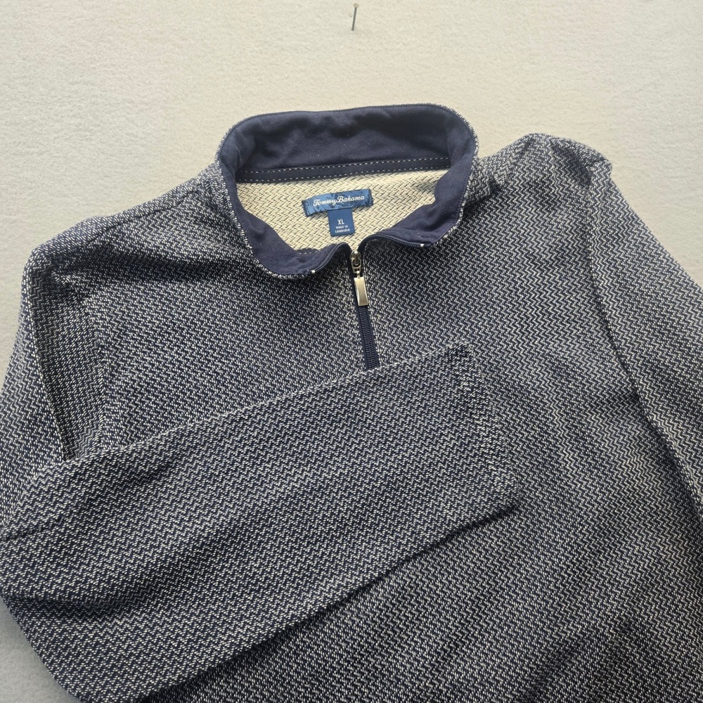 Tommy Bahama Mens XL Quarter Zip Pullover‎ Navy White Chevron Knit Marlin Logo